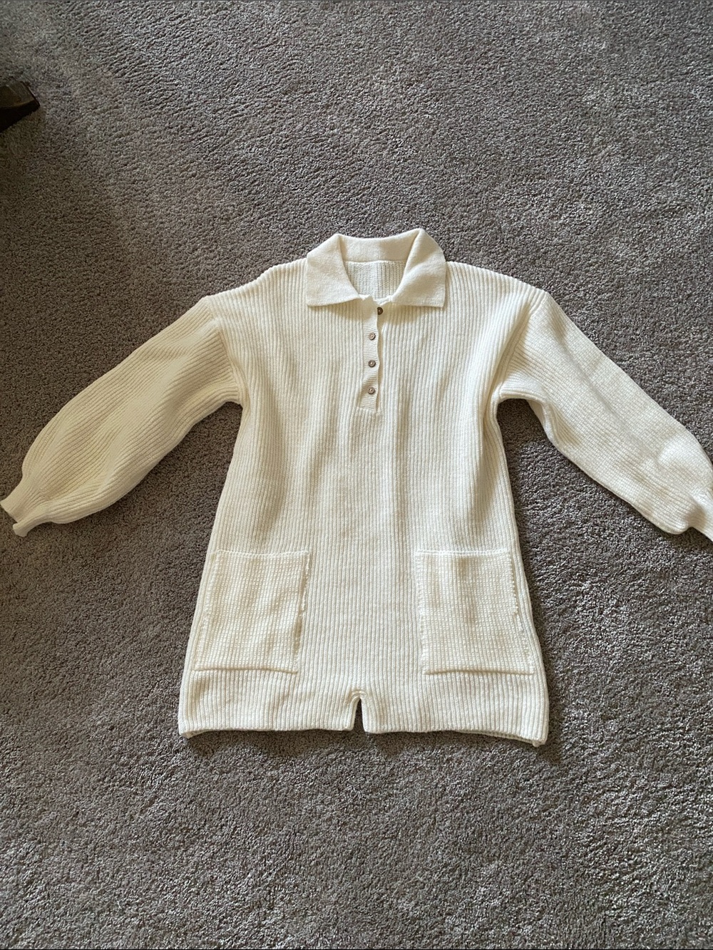 Ribbed V-Neck Polo Sweater jumpsuit in Cream